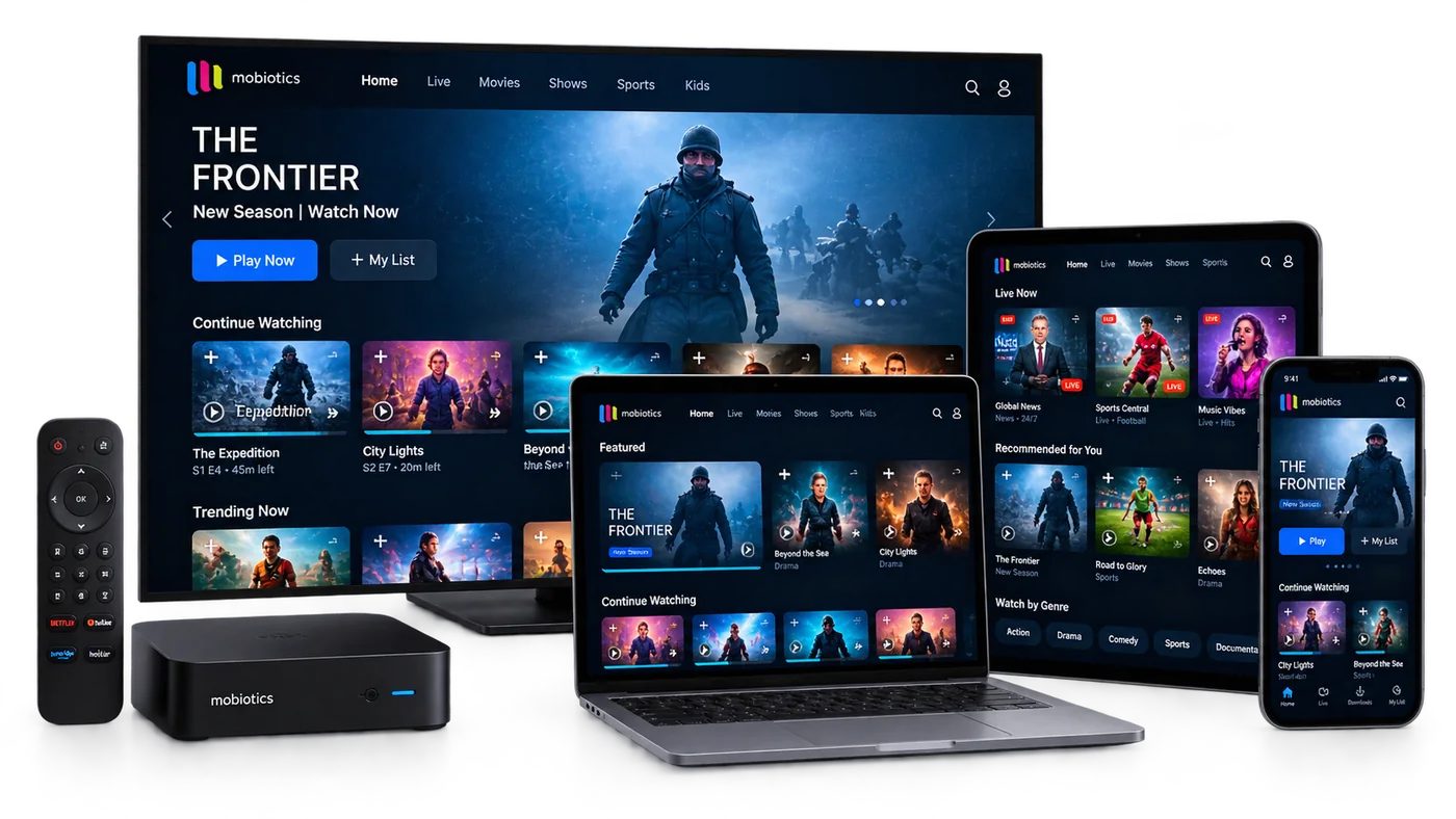 Mobiotics streaming apps running on a smart TV, set-top box, laptop, tablet and smartphone